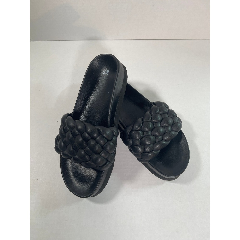 HM Black Braided Puffy Strap Platform Slide Sandals Womens Size 36 US 6 - Picture 10 of 12
